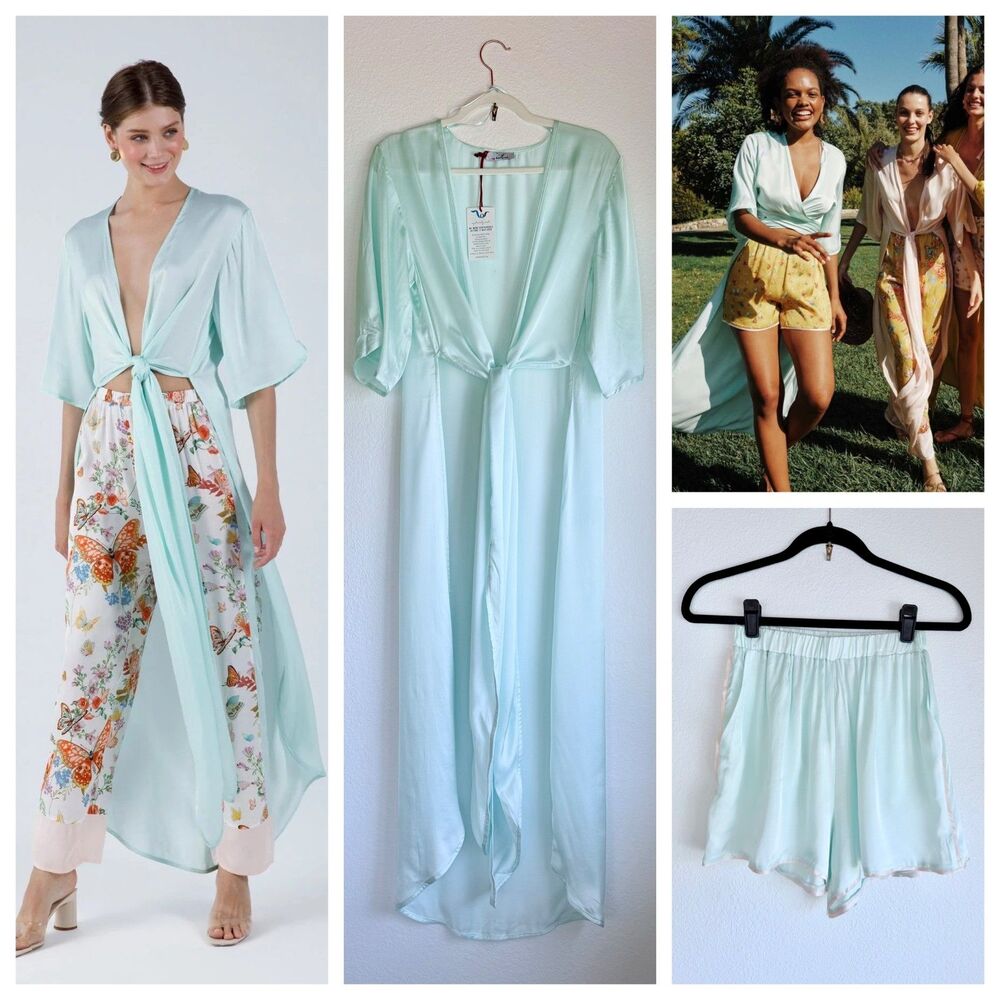 NWT My Beachy Side Magnolia Satin Caftan Cover Up & Matching Shorts in Aqua Blue